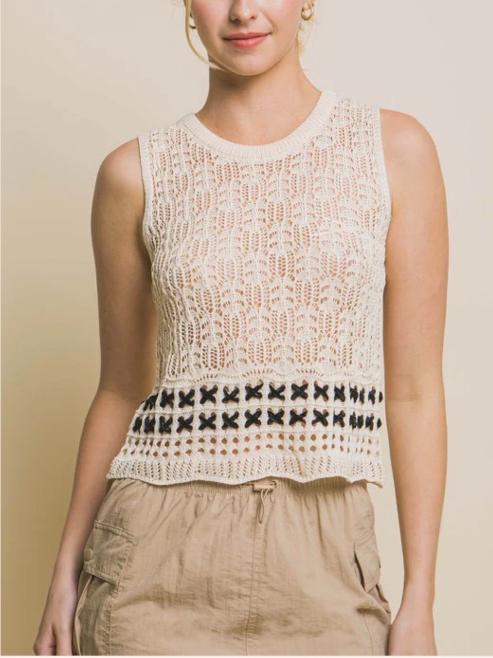 Crochet Top Cream Ivory Knit Sleeveless with Black Trim Boho Coastal Y2K